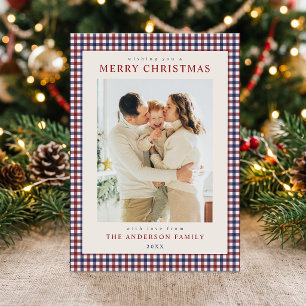 Bourgondie en Blauwe Gingham Kerst Foto Feestdagenkaart
