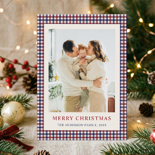 Bourgondie en Blauwe Gingham Kerst Foto Feestdagenkaart