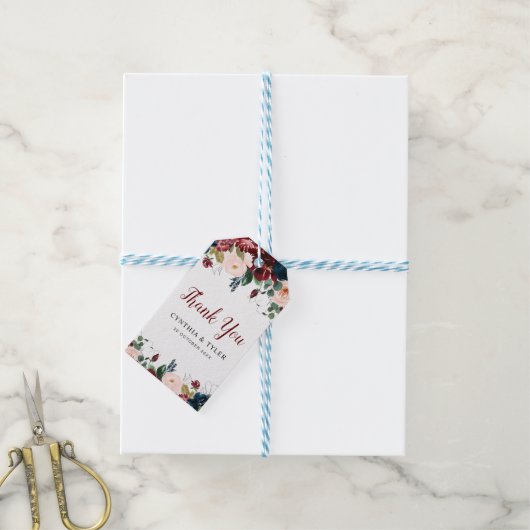 Bourgondië en blozen bloemenbruiloft cadeaulabel (Met Touw)