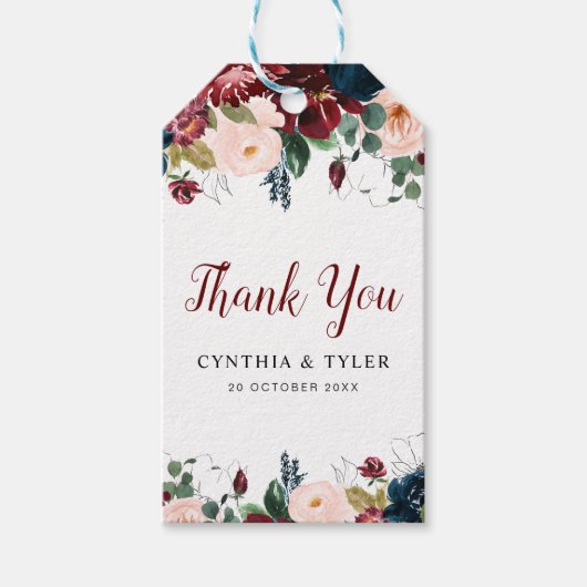 Bourgondië en blozen bloemenbruiloft cadeaulabel (Voorkant)