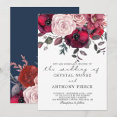 Bourgondië en blozen bloemenbruiloft kaart (Voorkant / Achterkant)