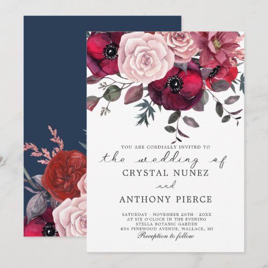 Bourgondië en blozen bloemenbruiloft kaart (Voorkant / Achterkant)