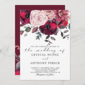 Bourgondië en blozen bloemenbruiloft kaart (Voorkant / Achterkant)