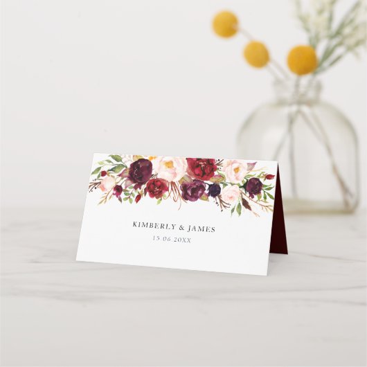 Bourgondië en blozen bloemenbruiloft plaatskaartje (Achterkant)