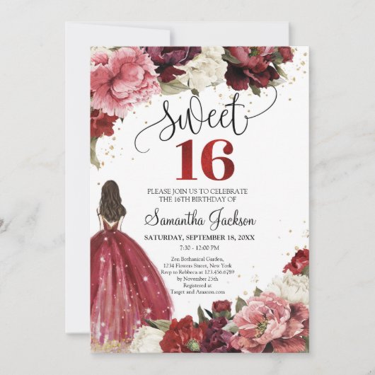 Bourgondië en blozend kastanjebloesem prinses jurk kaart (Voorkant)