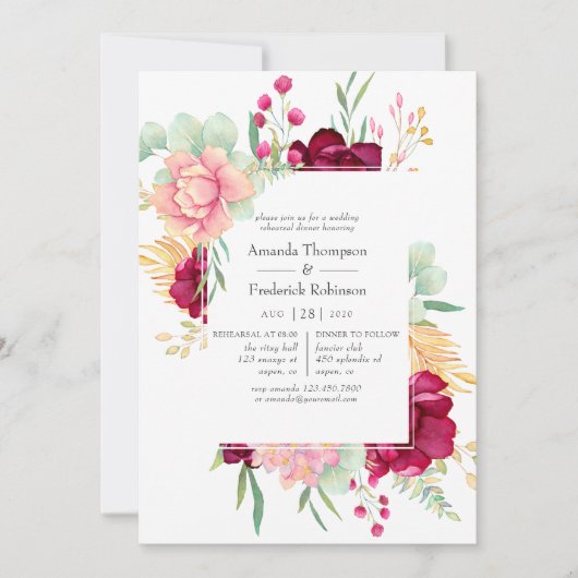 Bourgondië en Blush Bloemen Bruiloft Repetitie Din Kaart (Voorkant)