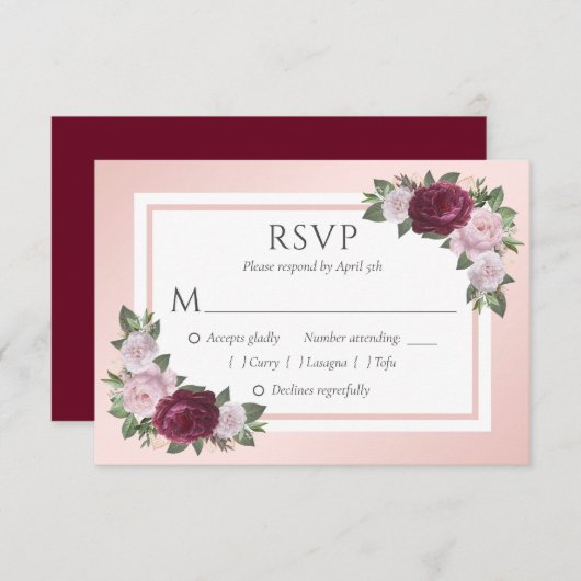Bourgondië en Blush Bloemen Bruiloft RSVP Kaarten (Voorkant / Achterkant)