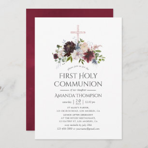 Bourgondië en Blush Bloemen Eerste Heilige Communi Kaart