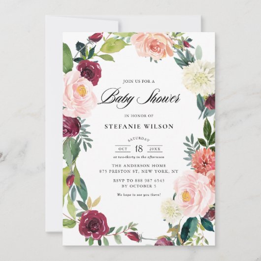 Bourgondië en Blush Bloemen Krans Herfst Baby show Kaart (Voorkant)