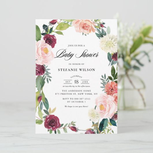 Bourgondië en Blush Bloemen Krans Herfst Baby show Kaart (Staand voorkant)