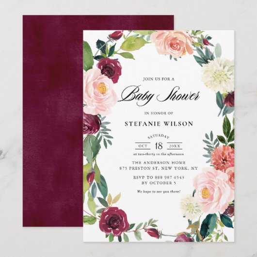 Bourgondië en Blush Bloemen Krans Herfst Baby show Kaart (Voorkant / Achterkant)
