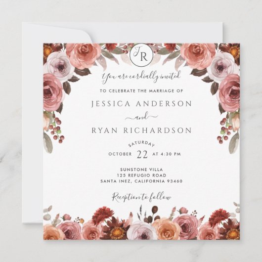 Bourgondië en Blush, Elegante bloemenbruiloft Kaart (Voorkant)