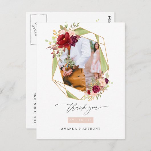 Bourgondië en Blush Geometrische Bruiloft Dank u Briefkaart (Voorkant / Achterkant)