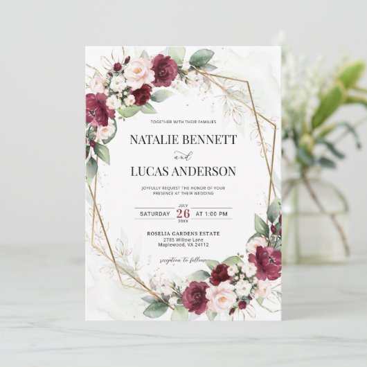 Bourgondië en Blush Geometrische bruiloft uitnodig Kaart (Staand voorkant)