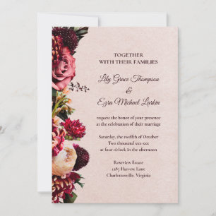 Bourgondië en Blush Roos Bloemen Huwelijksuitnodig Kaart