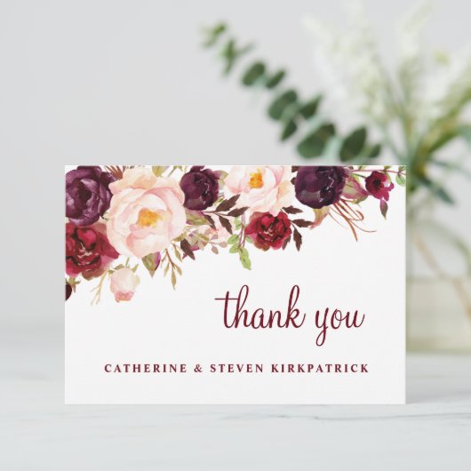 Bourgondië en Blush Roze Bloemen Botanische Bruilo Bedankkaart (Staand voorkant)
