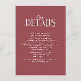 Bourgondië en Blush Roze Bloemen Bruiloft Details Informatiekaartje