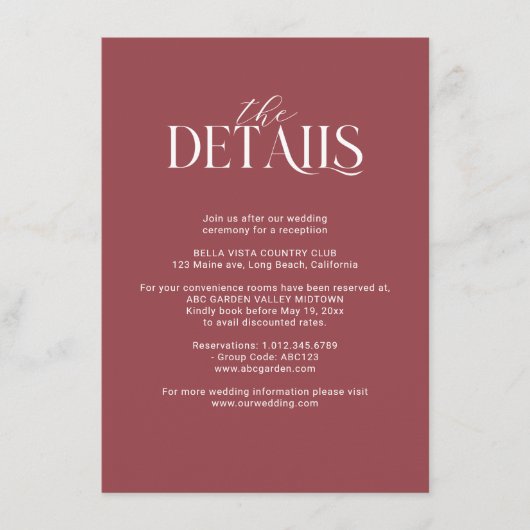 Bourgondië en Blush Roze Bloemen Bruiloft Details Informatiekaartje (Voorkant)