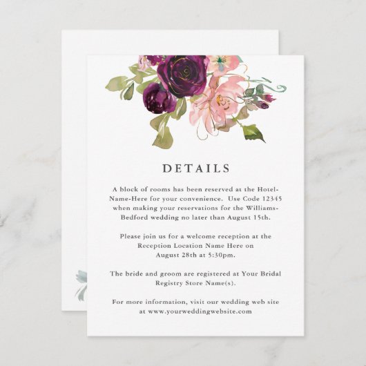 Bourgondië en Blush Roze Bloemen Bruiloft Details Informatiekaartje (Voorkant / Achterkant)