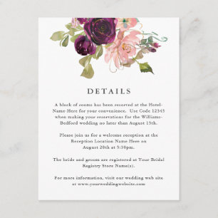 Bourgondië en Blush Roze Bloemen Bruiloft Details Informatiekaartje