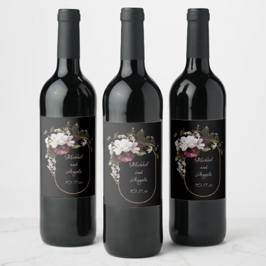 Bourgondië en Blush Roze Bloemen op Zwart Wijn Etiket (Flessen)