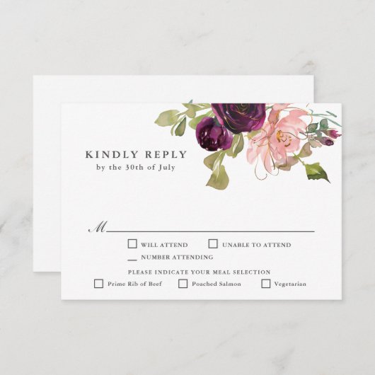 Bourgondië en Blush Roze Bloemen RSVP met Enbomen (Voorkant / Achterkant)