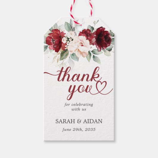 Bourgondië en Blush Roze Bloemen Trouwen Bedankt Cadeaulabel (Voorkant)