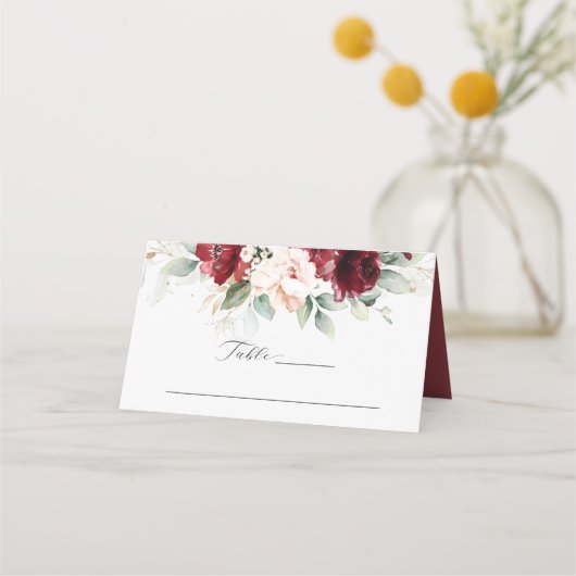 Bourgondië en Blush Roze Bloemen Trouwplaats Kaart Plaatskaartje (Voorkant)