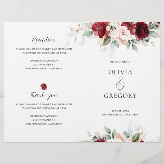 Bourgondië en Blush Roze Bloemen Trouwprogramma (Voorkant)