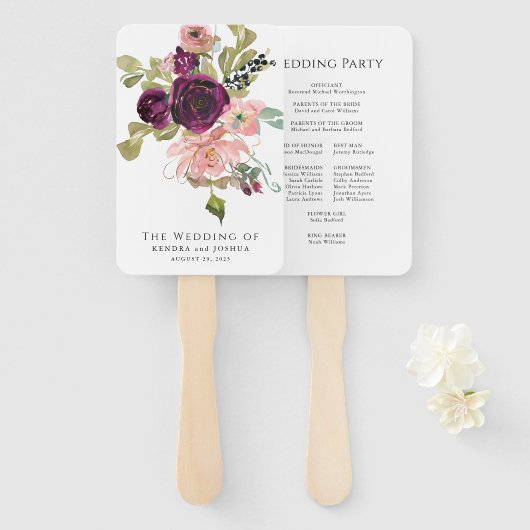 Bourgondië en Blush Roze Bruiloft Handwaaier (Voorkant en achterkant)