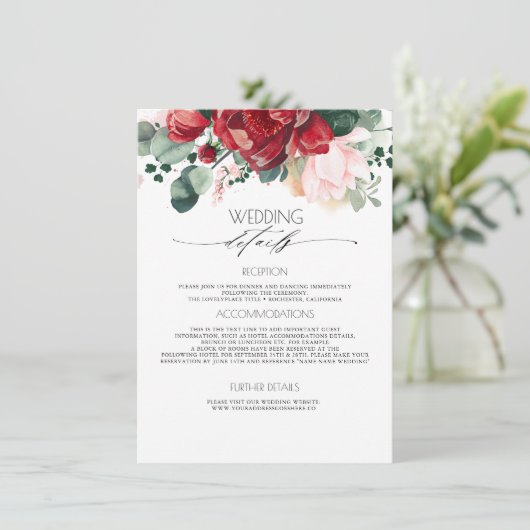 Bourgondië en Blush Roze Bruiloft Informatie Gast Informatiekaartje (Staand voorkant)