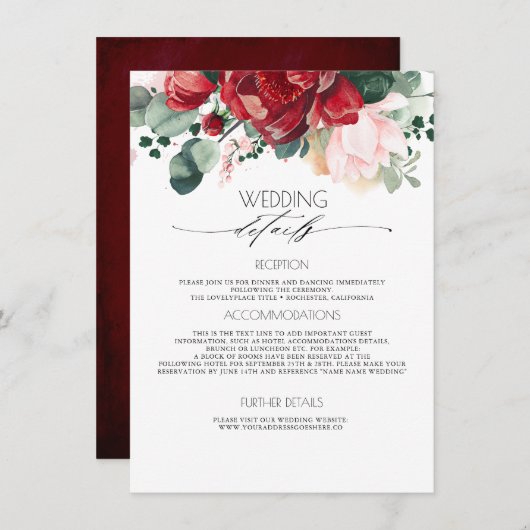 Bourgondië en Blush Roze Bruiloft Informatie Gast Informatiekaartje (Voorkant / Achterkant)