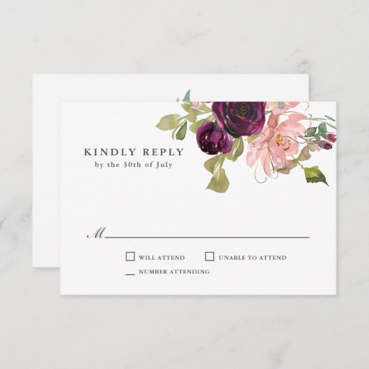 Bourgondië en Blush Roze Bruiloft RSVP (Voorkant / Achterkant)
