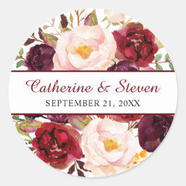 Bourgondië en Blush Roze Elegant Bloemen Bruiloft Ronde Sticker