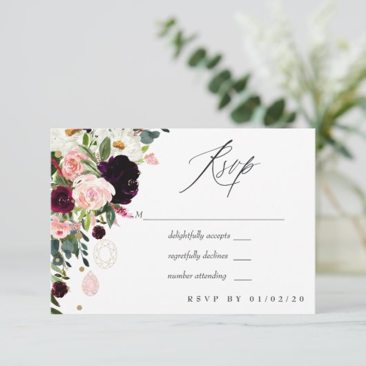 Bourgondië en Blush Roze Geometrische Gem Bruiloft RSVP Kaartje (Staand voorkant)
