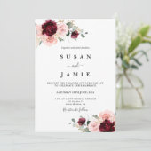 Bourgondië en blush waterverf bloemenbruiloft kaart (Staand voorkant)