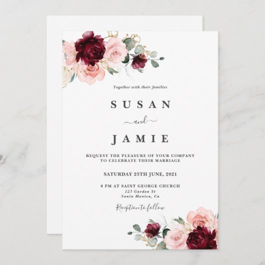 Bourgondië en blush waterverf bloemenbruiloft kaart (Voorkant / Achterkant)