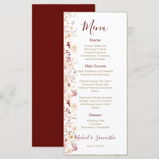 Bourgondië en Blush Wilde Bloemen Bruiloft Menu (Voorkant / Achterkant)