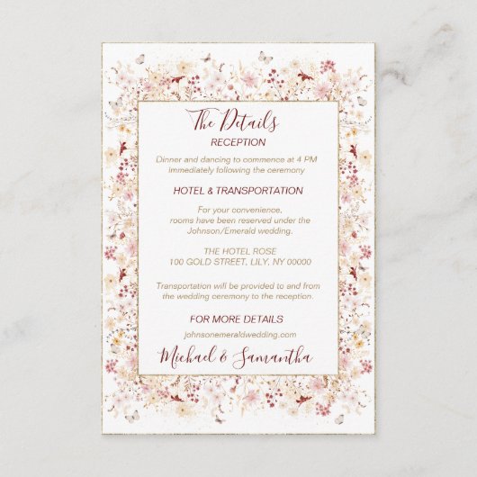 Bourgondië en Blush Wildflower bruiloft Informatiekaartje (Voorkant)