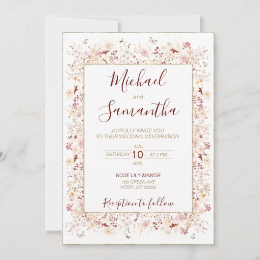 Bourgondië en Blush Wildflower bruiloft Kaart (Voorkant)