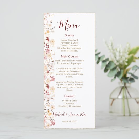 Bourgondië en Blush Wildflower bruiloft Menu (Staand voorkant)