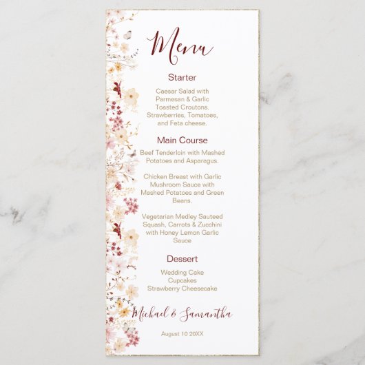 Bourgondië en Blush Wildflower bruiloft Menu (Voorkant)