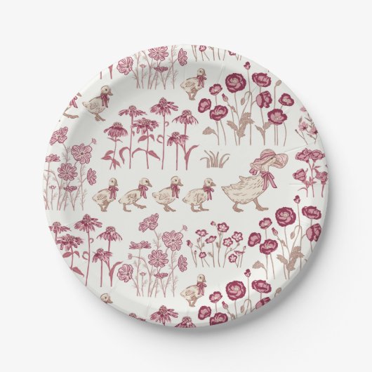 Bourgondië en Bruin Wilde bloemen en Eenden Papieren Bordje (Voorkant)