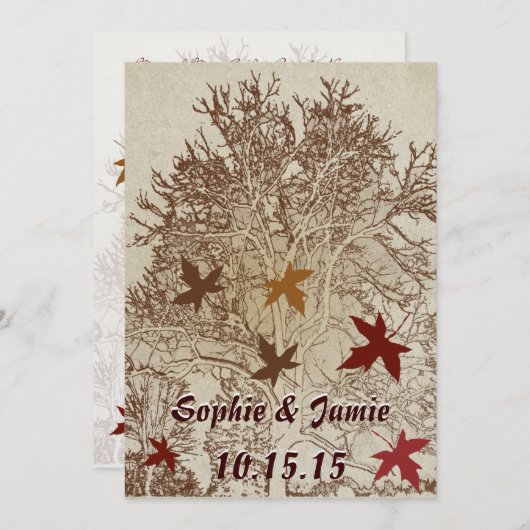 Bourgondië en bruine boom bruiloft kaart (Voorkant / Achterkant)