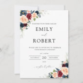 Bourgondië en de Marine Bloemen Huwelijksuitnodigi Kaart (Voorkant)