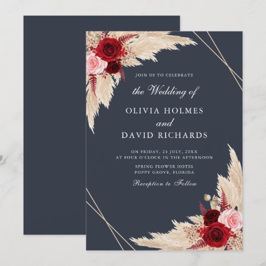 Bourgondié en donker stoffig blauwe trouwuitnodigi kaart (Voorkant / Achterkant)