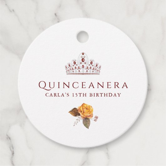 Bourgondië en Geel Bloemen Quinceanera Bedankjes Labels (Voorkant)