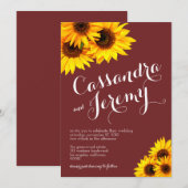 Bourgondië en gele zonnebloemen bruiloft uitnodigi kaart (Voorkant / Achterkant)