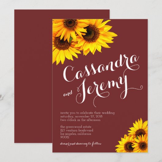 Bourgondië en gele zonnebloemen bruiloft uitnodigi kaart (Voorkant / Achterkant)