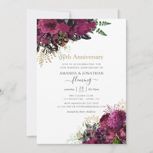  Bourgondië en Gold 50e bruiloft Jubileum Kaart (Voorkant)